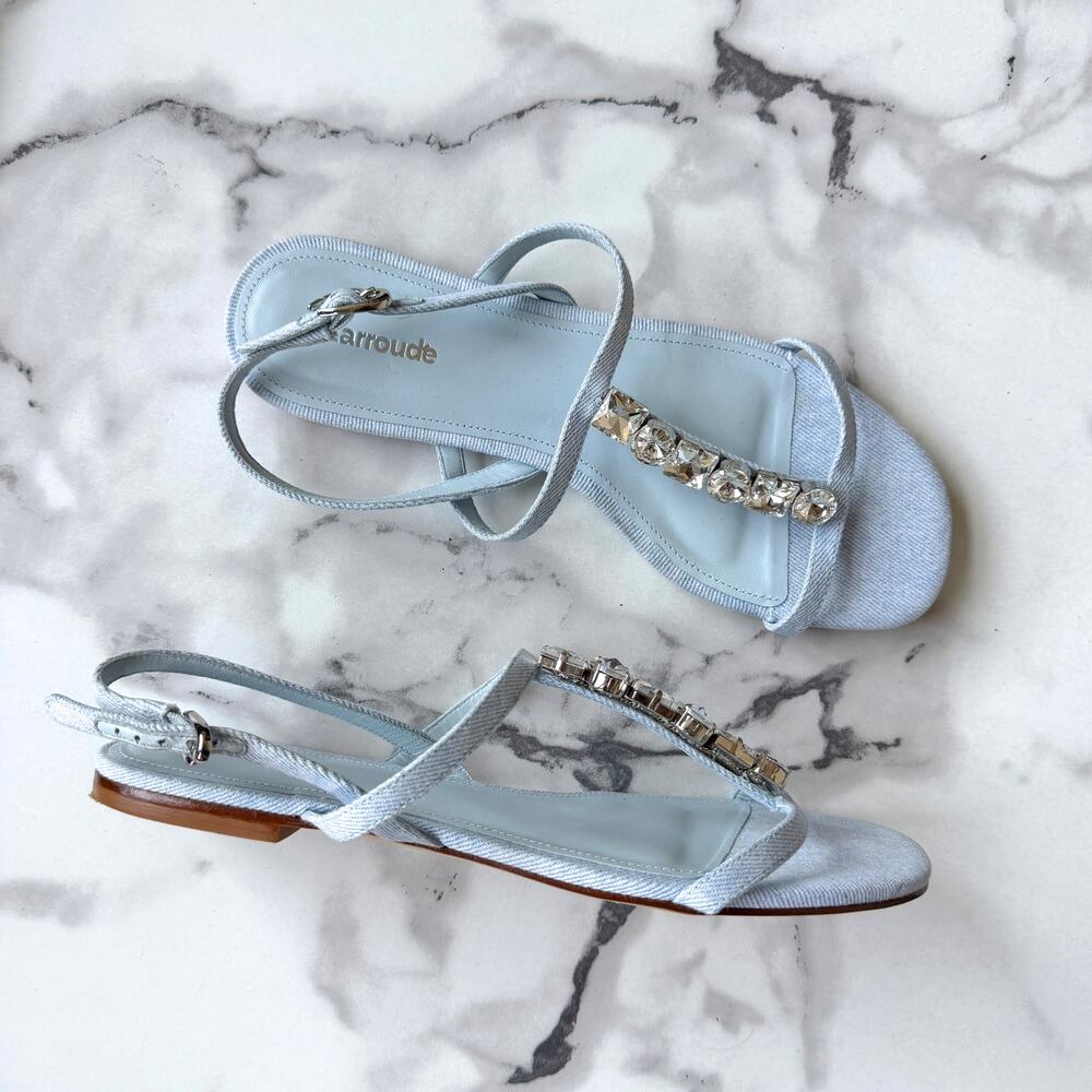 Larroudé Calypso Denim Crystal T-Strap Sandals Size 8